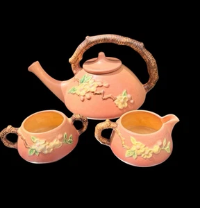 ROSEVILLE Pottery Dogwood Pink and Brown Tea Pot Creamer And Sugar Set of 3 - Picture 1 of 13