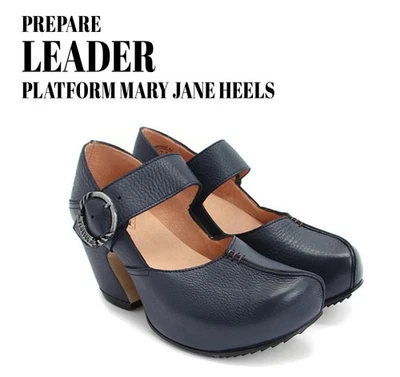 Fluevog EXCELLENT Prepare Leader pebbled navy leather platform buckle heel - 11 - Image 1 of 4