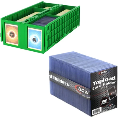 BCW 1600 Card Bin (Green) + 200 Standard 3x4 Toploaders Storage - Image 1 of 4