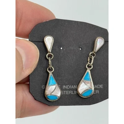 Подлинные индийские серьги-подвески ручной работы из чистого серебра с бирюзой - Изображение 1 из 4