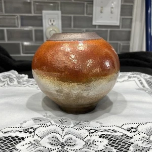 Raku ? Vase Studio Art Pottery Round Iridescent Orange,tan And Black Signed  - Picture 1 of 7