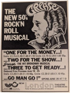 "Grease" Musical London Play Orig 1971 Punch Mag Reino Unido anuncio impreso ~4x5" - Imagen 1 de 1