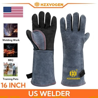 Welding Gloves Heat Fire Resistant Grill Leather Work Glove BBQ Oven Blacksmith - Image 1 of 4