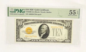 1928 $10 Dollar Gold Coin Certificate Paper Money Certified PMG AU55 EPQ ~ 770A - Picture 1 of 2