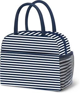 Blue Striped Oxford Lunch Box Tote Bag High Capacity Insulated For Travel Picnic - Picture 1 of 7