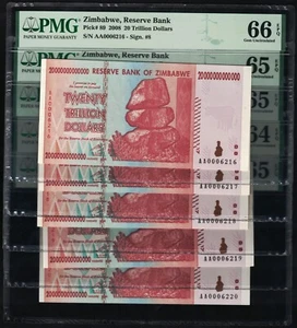 5 Banknotes - 20 Trillion Dollars Zimbabwe AA 2008 PMG Certified Consecutive UNC - Picture 1 of 7