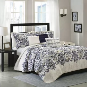 NEW! ~ ELEGANT MODERN CHIC BLUE NAVY GREY WHITE BEACH TROPICAL SCROLL QUILT SET - Picture 1 of 6