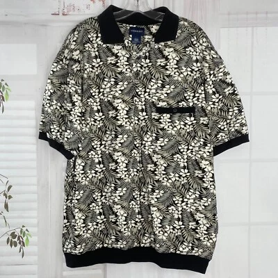 Harbor Bay XLT Polo Shirt Banded Waist Floral Black White Vtg Aloha XL Tall EUC - Image 1 of 4