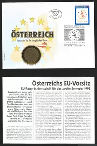 Austria 1998 FDC Stamp + Coin UNC Osterreich Wien Europe Union 20 Schilling 1991 - Picture 1 of 1