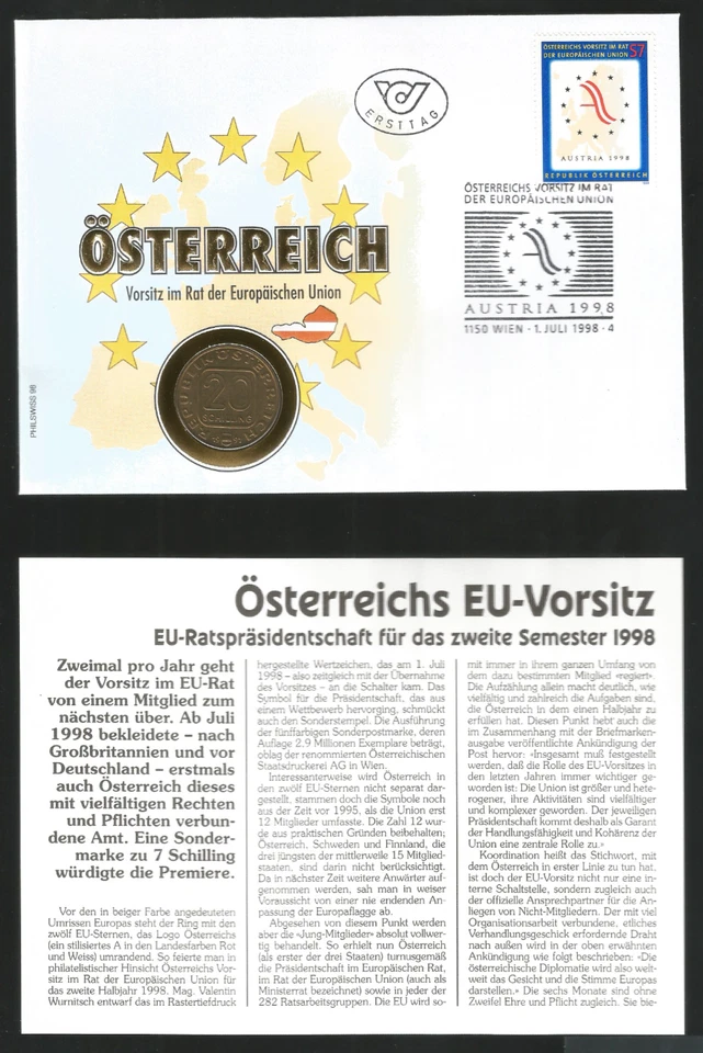 Austria 1998 FDC Stamp + Coin UNC Osterreich Wien Europe Union 20 Schilling 1991 - Image 1 of 1