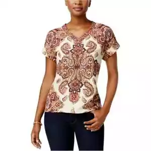 Style & Co. Ikat Roll-Up Sleeve T-Shirt Women's L Tile Vision Creme Pullover - Picture 1 of 16