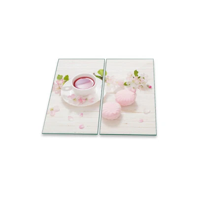 DECORWELT Herdabdeckplatte Ceran 2-teilig 2x30x52 Blumen Pink Abdeckung Glas Spritzschutz