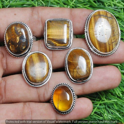 Lote de anillos unisex hechos a mano con piedras preciosas ojo de tigre atractivas enchapadas en plata de ley 925 Foto 1 de 3