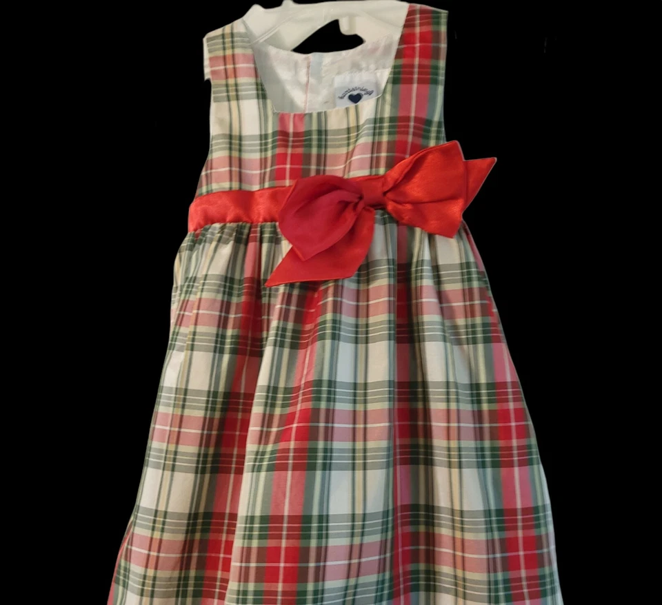 ☀️Hartstrings A Line Plaid Jumper Dress sz 4T Red Green Ivory Sleeveless Holiday - Image 1 of 3