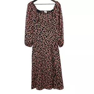 NWT LOFT Size 4 Floral Midi Shirred Dress Puff Sleeves Black Red Gold - Picture 1 of 11