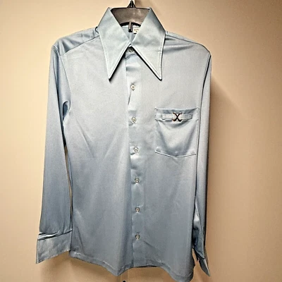 Vtg 70s Arnel Nylon Button Up Men’s Dress Shirt Long Sleeves Light Blue Size S - Image 1 of 4