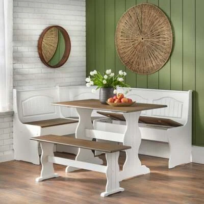 3 Piece Kitchen Nook Breakfast Set Dining Table Bench Corner Unit White & Walnut - Image 1 of 4