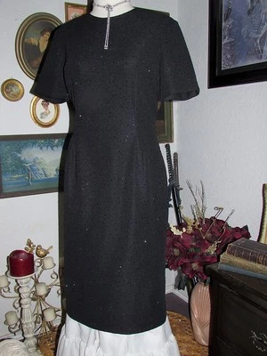 vtg Leslie Faye Black Sparkle Fitted Hour Glass Holiday Dress Party 8 - Image 1 of 4