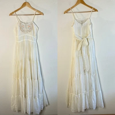 Gunne Sax Cream Maxi Dress Floral Embroidery Vintage 70's Spaghetti Strap Bow - Image 1 of 4