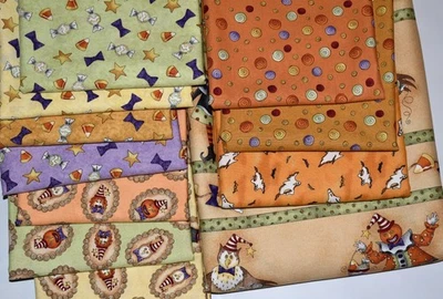 Rare 14 Yds Prim Hollow Cotton Fabric Halloween Cat Owl Connecting Threads Quilt - Image 1 of 4