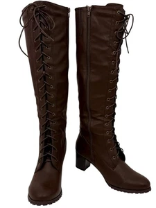 NIB ShoeDazzle Edgy Brown Vegan Leather Lace-Up Knee-High Combat Boots w/Zipper - Picture 1 of 12