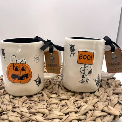(2) Rae Dunn X Peanuts Snoopy Pumpkin "Boo" "Spooky Season" Halloween Mug NEW - Image 1 of 4