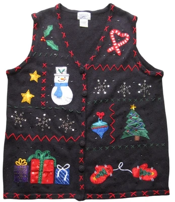 Vintage Ugly Christmas Vest Womens Size 1X Black Cotton Blend • Snowman Sequins - Image 1 of 4