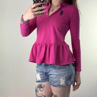 Polo Ralph Lauren long sleeve polo top frill hem henley button up pink - Image 1 of 4
