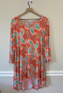 Paisley Grace Women's L/XL Coral Paisley Floral Tunic Dress 3/4 Sleeve Boho - Picture 1 of 11