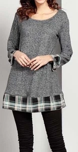 XL NWT Reborn Charcoal French Terry Plaid Contrast LS Tunic - Picture 1 of 10