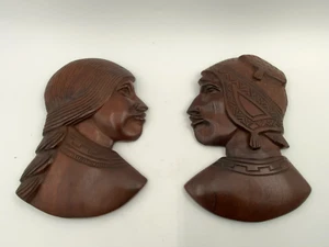 Pair of Vintage Hand Carved Wood Native American Male & Female Profiles Wall Hng - Picture 1 of 11