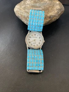 Puntas de reloj para hombre con incrustaciones azul turquesa plata esterlina Zuni 2119 - Imagen 1 de 12