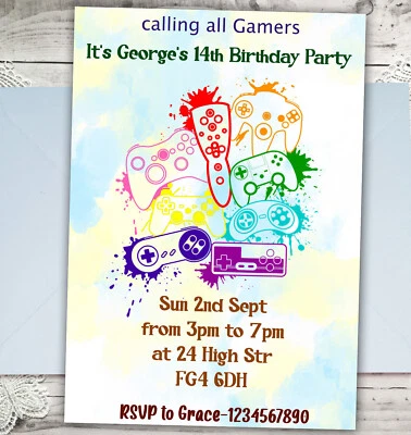 Personalised Video Game Birthday Party Invitations Girl Boys  Invites A6 x10 - Image 1 of 4