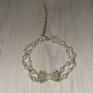 Pearl Choker Ribbon Style Rhinestones And Silver Tone Layered Elegant Necklace - Picture 1 of 6