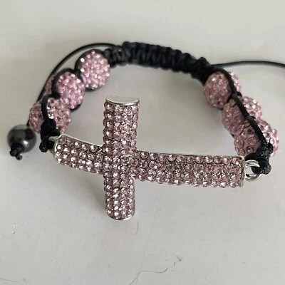 Pulsera de Colección Shamballa Rosa Cruz Lateral Amor Religión Brillante Cordón Negro Cuentas Foto 1 de 4