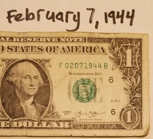WWII Birthday Gift February 7, 1944 $1 Dollar Bill Historic Date Serial Number F - Picture 1 of 4