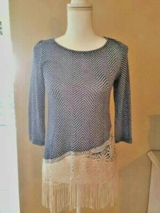 Alya women knit top Size S Top Blue Enzyme Wash Crochet 3/4 Sleeve Scoop Neck - Picture 1 of 5