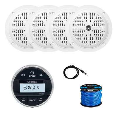 Enrock Marine Gauge Wireless Receiver, 4x 4'' 100W Boat Speakers, Antenna, Wire - Image 1 of 4