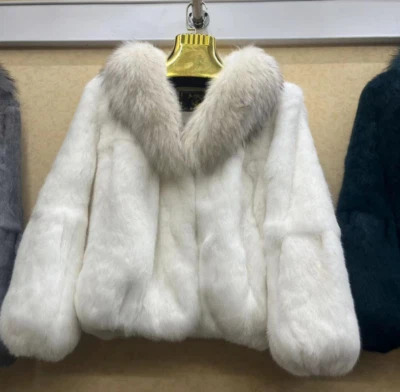 Rabbit Fur Coat Women's Thickened Loose V-neck Raccoon Fur Collar Jacket Outwear - Image 1 of 4