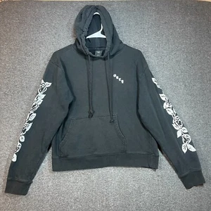 OBEY Jacket Women's Large Black Hooded White Flower Pattern On Sleeves Ladies. - Picture 1 of 12