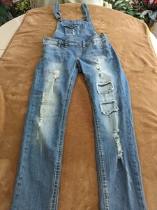 Hot Kiss junior distressed denim, blue bib skinny jean/overalls, size 9 - Picture 1 of 8
