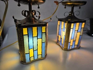 Vintage Pair Stained Glass Ceiling Light Flush Mount Virden Blue Green Yellow Mi - Picture 1 of 9