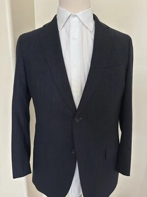 Z Zegna Angora Wool Tri-Blend Striped Suit Jacket in Midnight Navy Size 40 R - Image 1 of 4