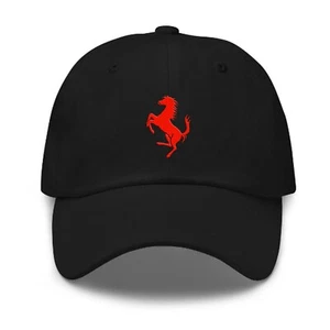 Ferrari Inspired Embroidered Horse White Silver Gray Red Logo Black Dad Hat Cap - Picture 1 of 8
