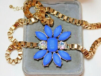 Grueso Aurora Boreal Estrás Azul Lucita Caja Cadena Collar Tono Dorado 6h27 Foto 1 de 4