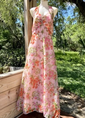 Maxi Vestido Halter Floral Rosa Hecho a Mano Vintage Años 70 Formal Talla M Gasa Foto 1 de 4