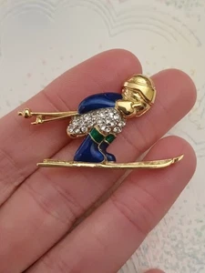 Broche Esquiador Esquí Vintage Años 80 90 Tono Dorado Diamante y Esmalte 4cm x 2.5cm - Imagen 1 de 3