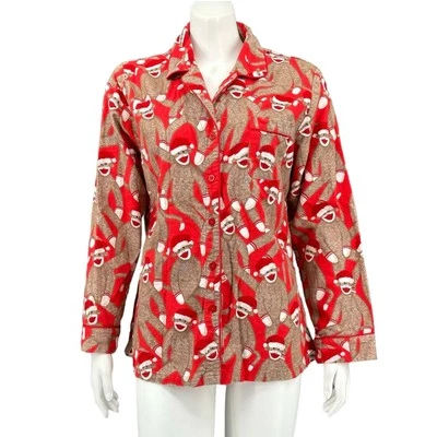Nick & Nora Pajama Shirt Womens Large Brown Red Sock Monkeys Holiday Christmas - Image 1 of 4
