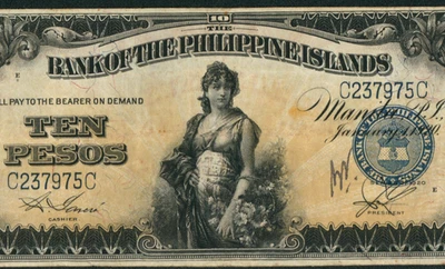 10 pesos 1920 O Banco das Ilhas Filipinas ** LEILÕES DE PAPEL MOEDA - Imagem 1 de 3