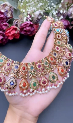 Conjunto de Colar Gargantilha Jadau Kundan Indiana Nupcial Diwali Bollywood Joias de Casamento - Imagem 1 de 4
